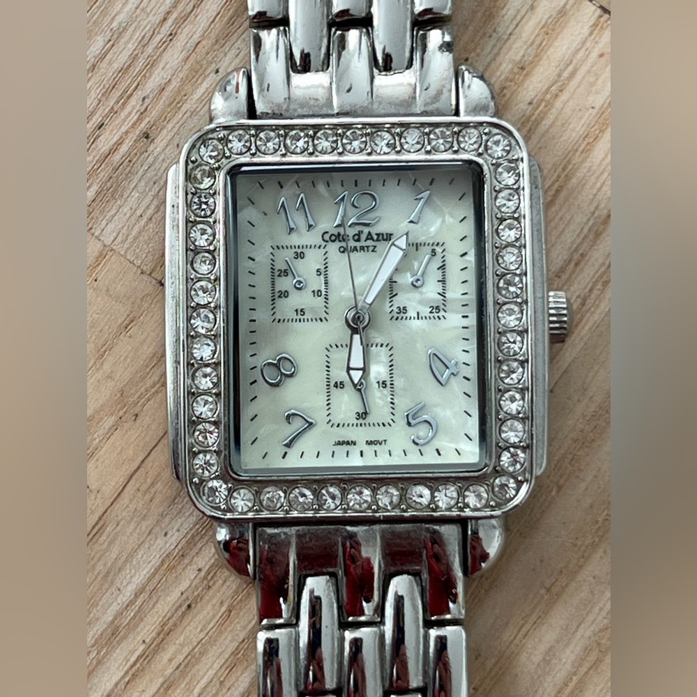 Côte d’Azur Ladies Watch Crystal Embellishments Square Pearl Dial Metal Bracelet